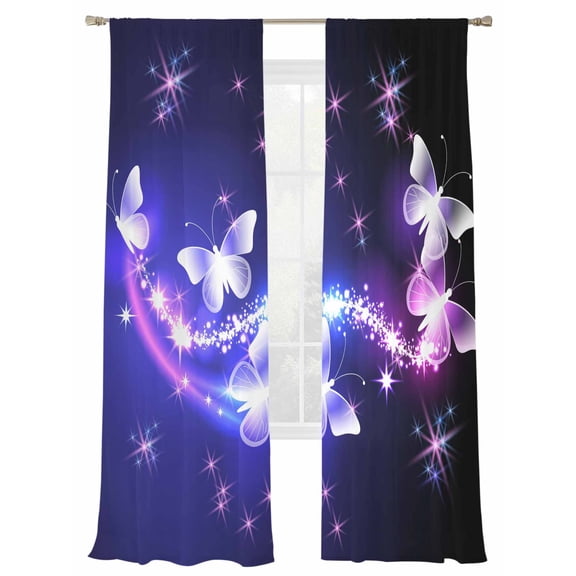 Purple Butterfly Sheer Curtains for Living Room Bedroom, Light-filtering Sheer Curtain, Gradients Fantasy Shiny Rod Pocket Voile Window Treatment Drapes, 52’’Wx84’’L, 2 Panels Set
