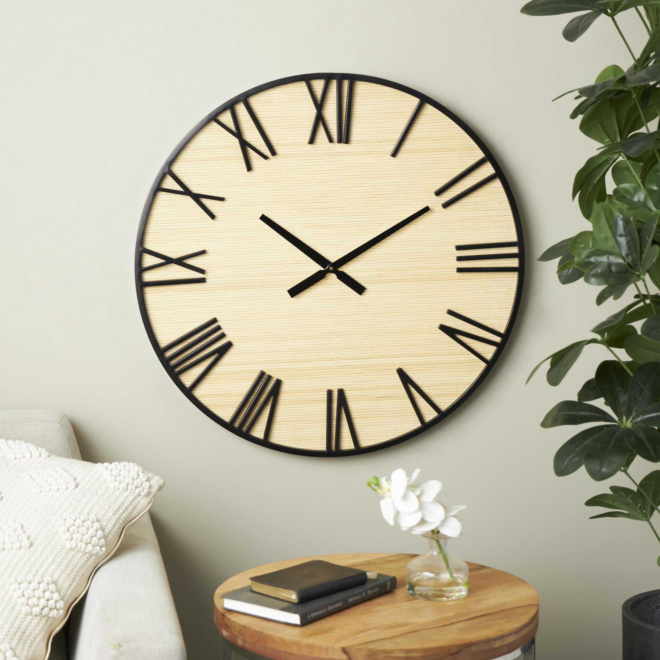 DecMode 28" Light Brown Wooden Wall Clock with Black Metal Numbers and Frame