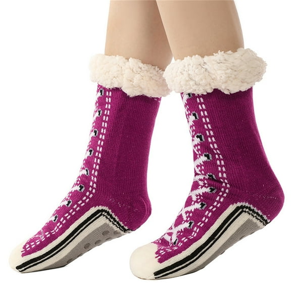 Women's Winter Warm Fuzzy Slipper Socks Novelty Sneaker Pattern Fleece Lined Socks Nonslip Plush Socks with Grippers