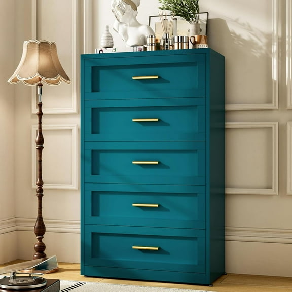 Elegant Metal 5-Drawer Dresser for Bedroom, Clothes Storaeg Drawer Chest for Closet, Farmhouse Dressers & Chests of Drawer with 5 Large Drawers,Blue
