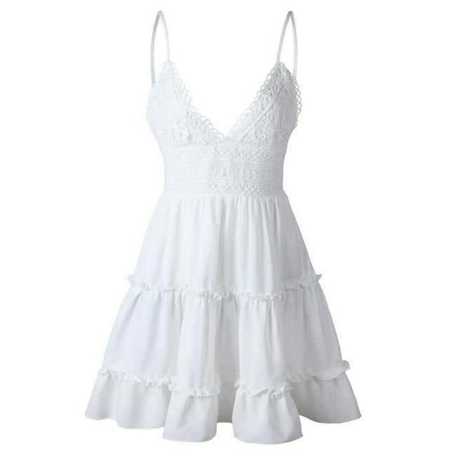Femmes Plage Été Robe Spaghetti Sangle Sans Manches V-Cou Dos en Dentelle Patchwork Mini Robe