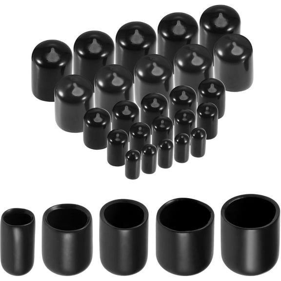 25-PACK  Round Rubber End Caps 1/4" 3/8" 1/2" 5/8" 3/4" Black Vinyl Cover Screw Thread Protectors Assortment Kit