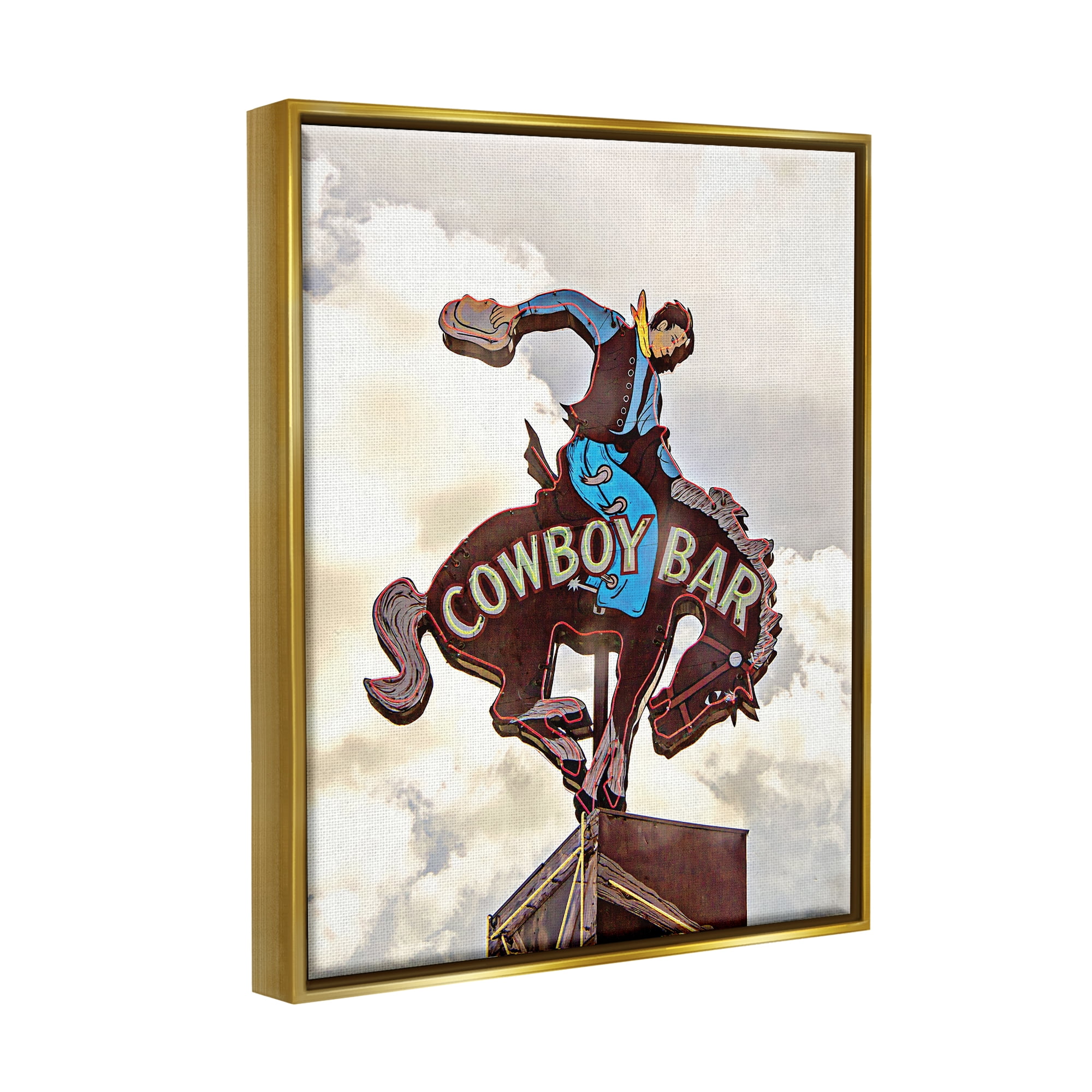 Stupell Industries Western Cowboy Bar Sign Abstract Painting Gold Floater Framed Canvas Art Print Wall Art, 25 x 31