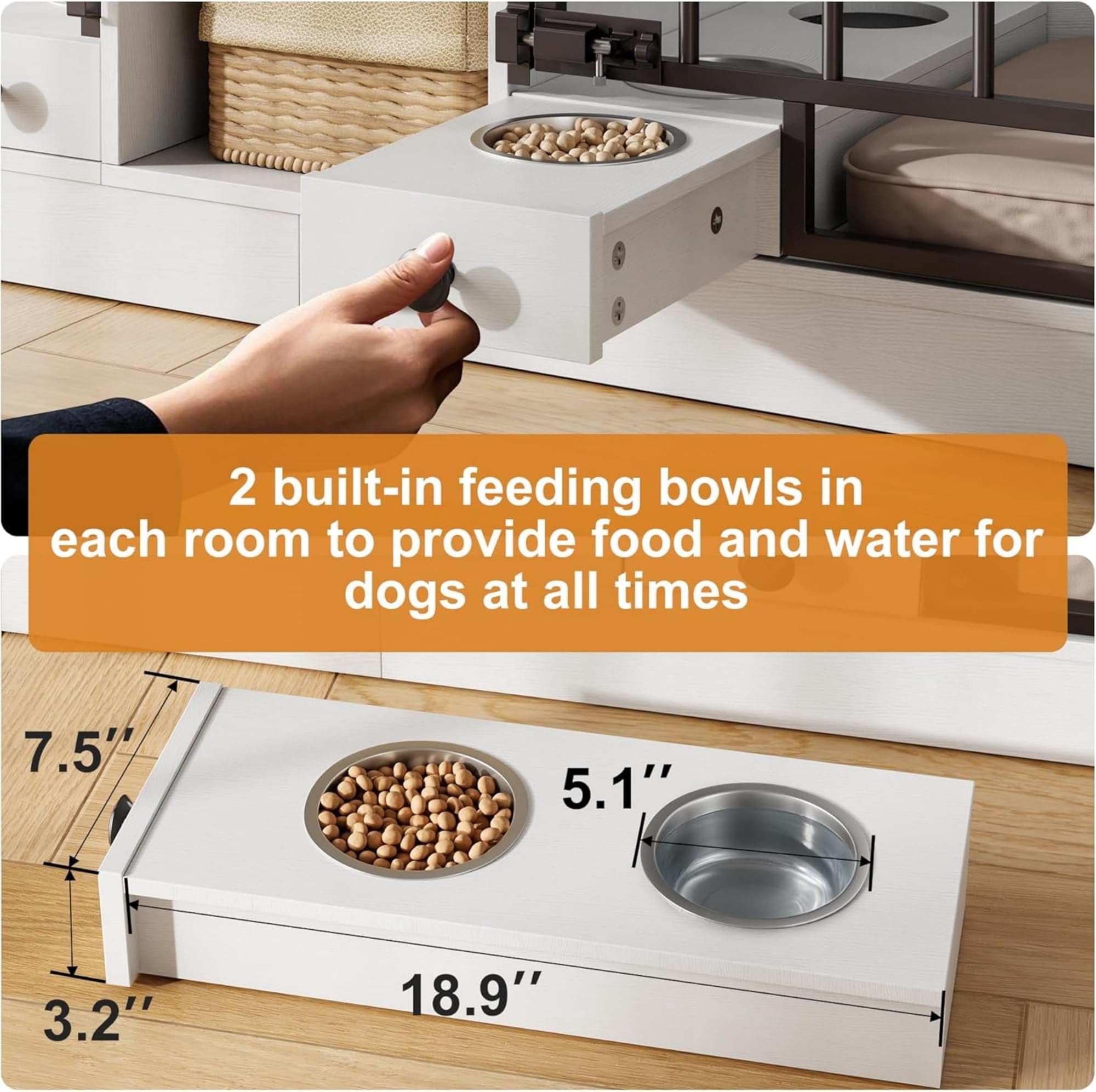 Accreate Dog Crate Furniture for 2 Dog, 78.7'' Large Dog Kennel Indoor with 2 Storage Drawers, 3 Shelves and Feeding Bowls, Double Dog Crate TV Stand for Small and Medium Dogs