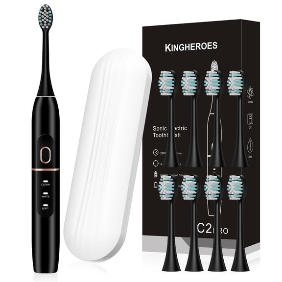 kingheroes Juego de cepillos de dientes eléctricos, viene con 8 cabezales de cepillo y estuche de viaje, 4 modos con temporizador inteligente incorporado de 2 minutos, una carga durante 60 días, motor