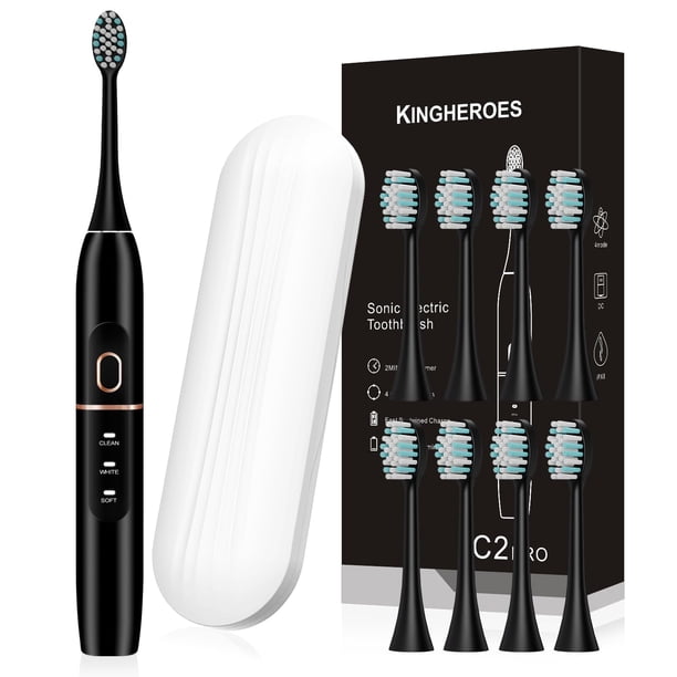 kingheroes Juego de cepillos de dientes eléctricos, viene con 8 cabezales de cepillo y estuche de viaje, 4 modos con temporizador inteligente incorporado de 2 minutos, una carga durante 60 días, motor
