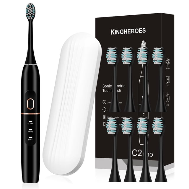 kingheroes Juego de cepillos de dientes eléctricos, viene con 8 cabezales de cepillo y estuche de viaje, 4 modos con temporizador inteligente incorporado de 2 minutos, una carga durante 60 días, motor