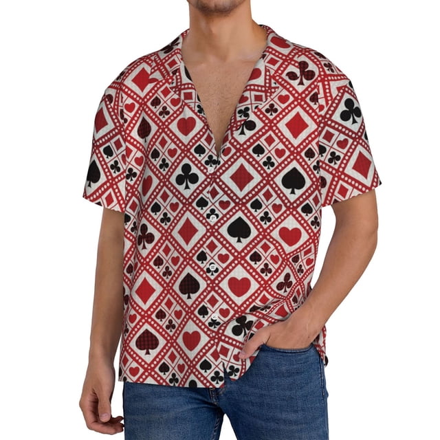 Fotbe Poker Camisa Estampada de Manga Corta para Hombre, Casual de Verano, Estilo Playero, Sin Arrugas-Small