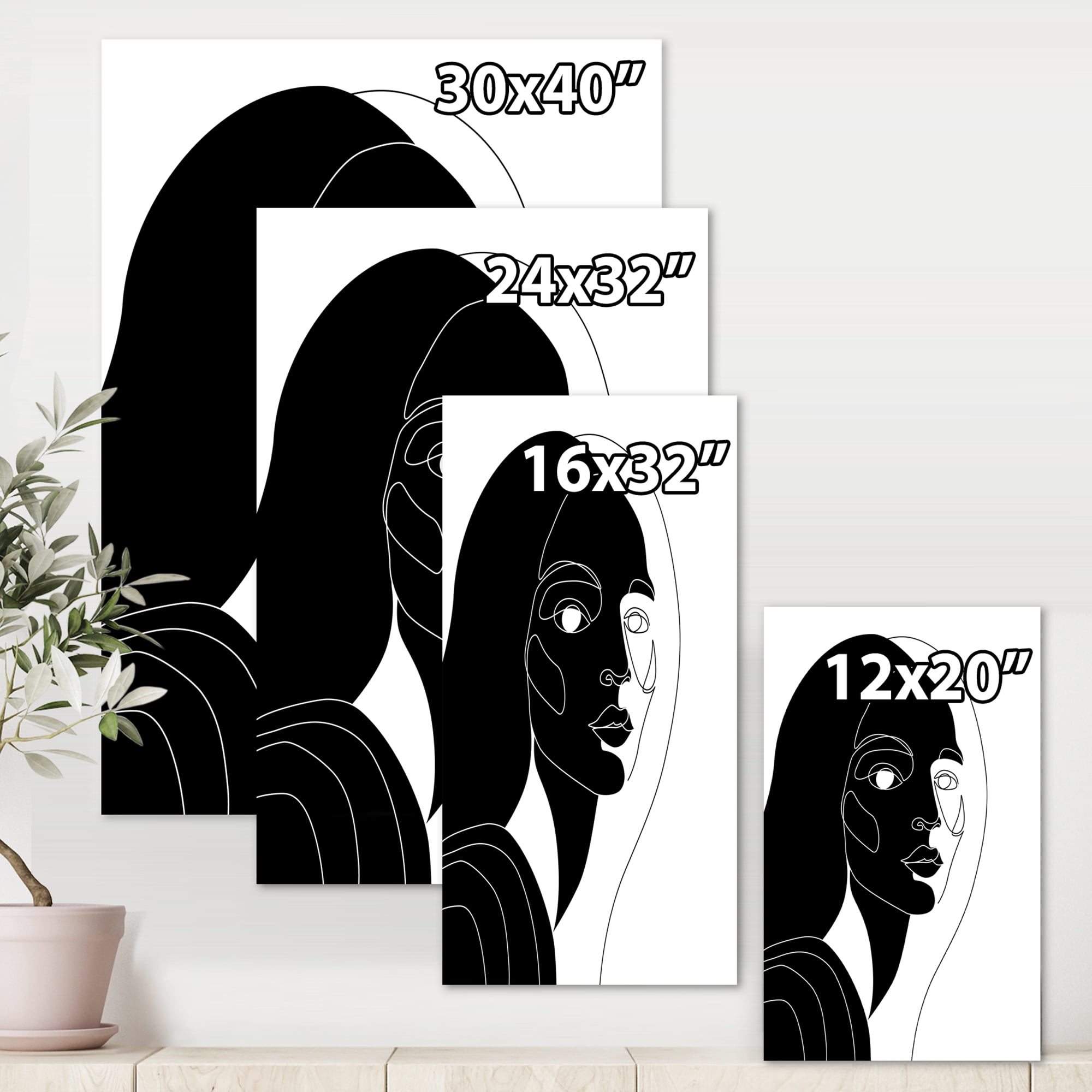Designart ' Retro Black and White Minimal Portrait of Young Girl ' Modern Canvas Wall Art Print
