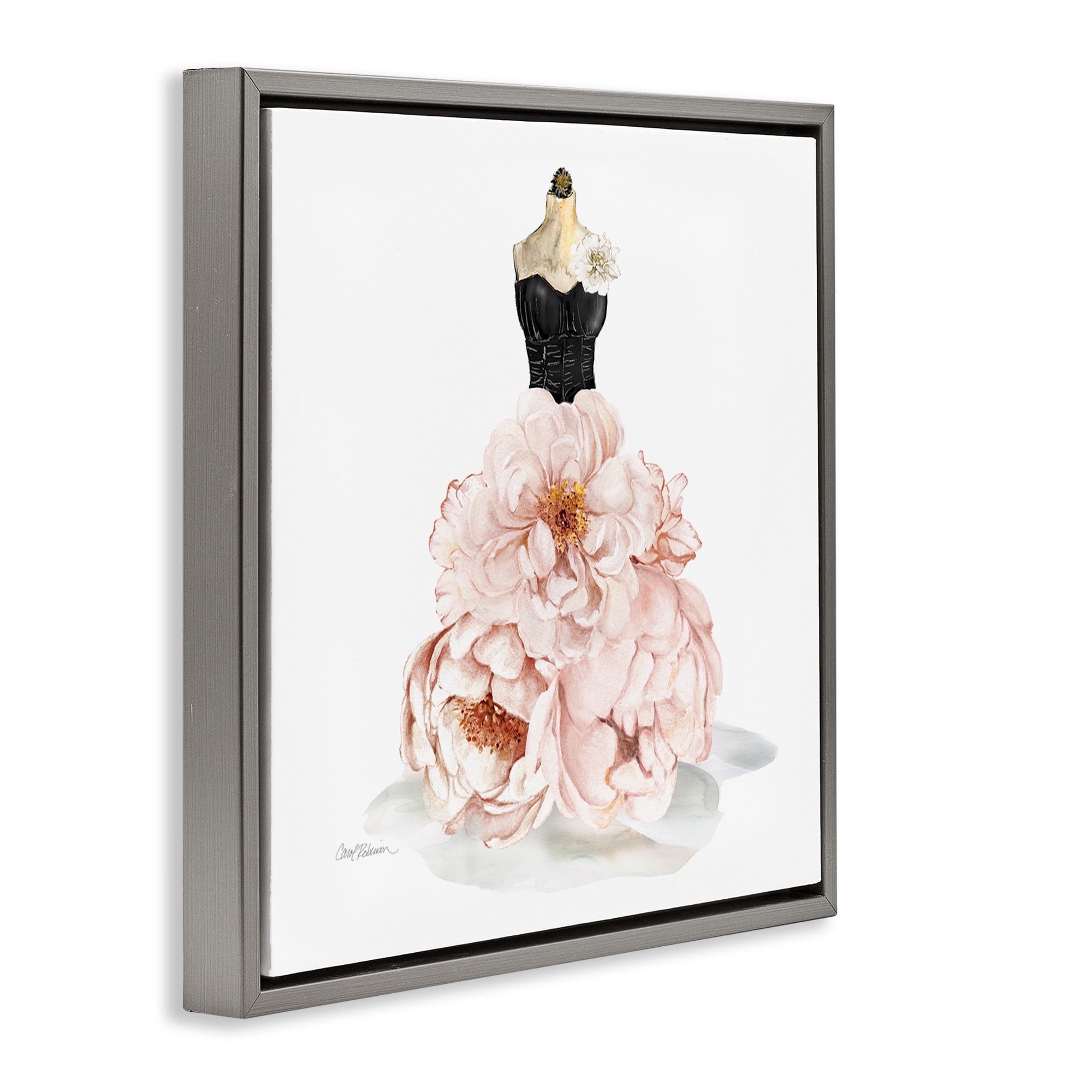 Stupell Industries Pink Peonies Floral Dress Beauty & Fashion Painting Gray Floater Framed Canvas Art Print Wall Art, 18 x 18