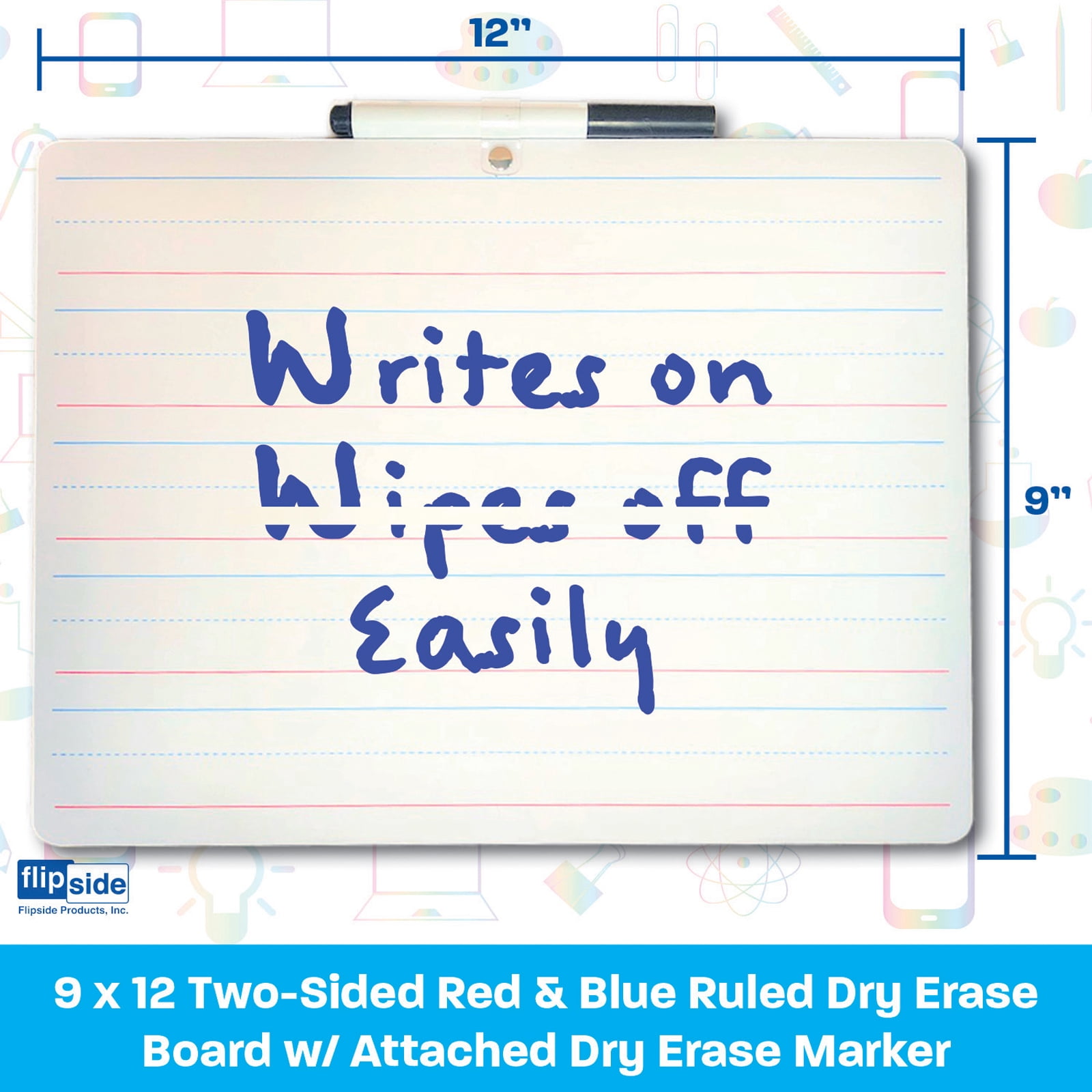 Flipside Products Two-Sided Primary Ruled/Blank Dry Erase Board with Attached Marker, 9" x 12", Pack of 3