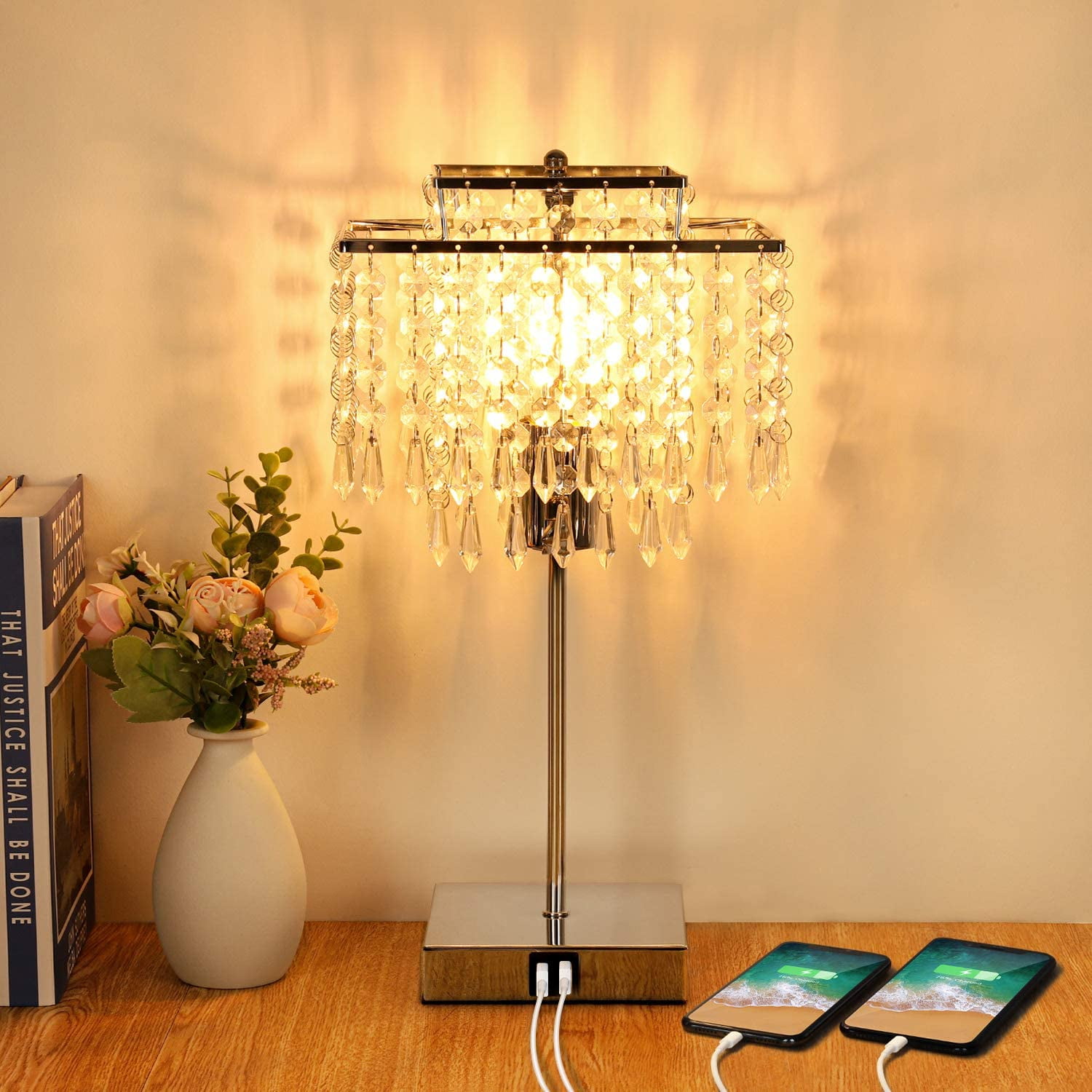 Crystal Table Lamp With Dual Usb Fast Charging Ports 3 Way Dimmable Touch Control Bedside Light Decorative Nightstand For Living Bedroom Dining Study Room T45 6w Led Bulb Included Com Crystal Table Lamp With Dual Usb Fast, Touch Control Crystal Table Lamp With Usb Port