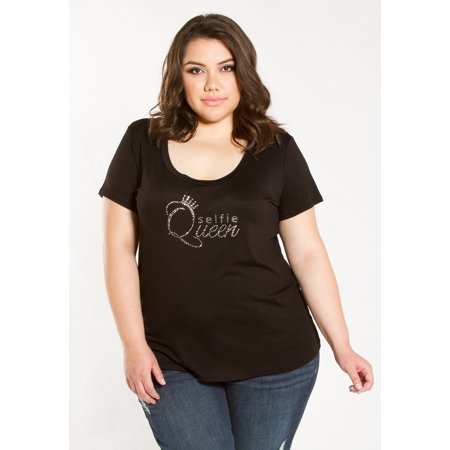 Sealed With A Kiss Designs Womens Plus Size Scoop Neck Short Sleeve Selfie Queen Embellished