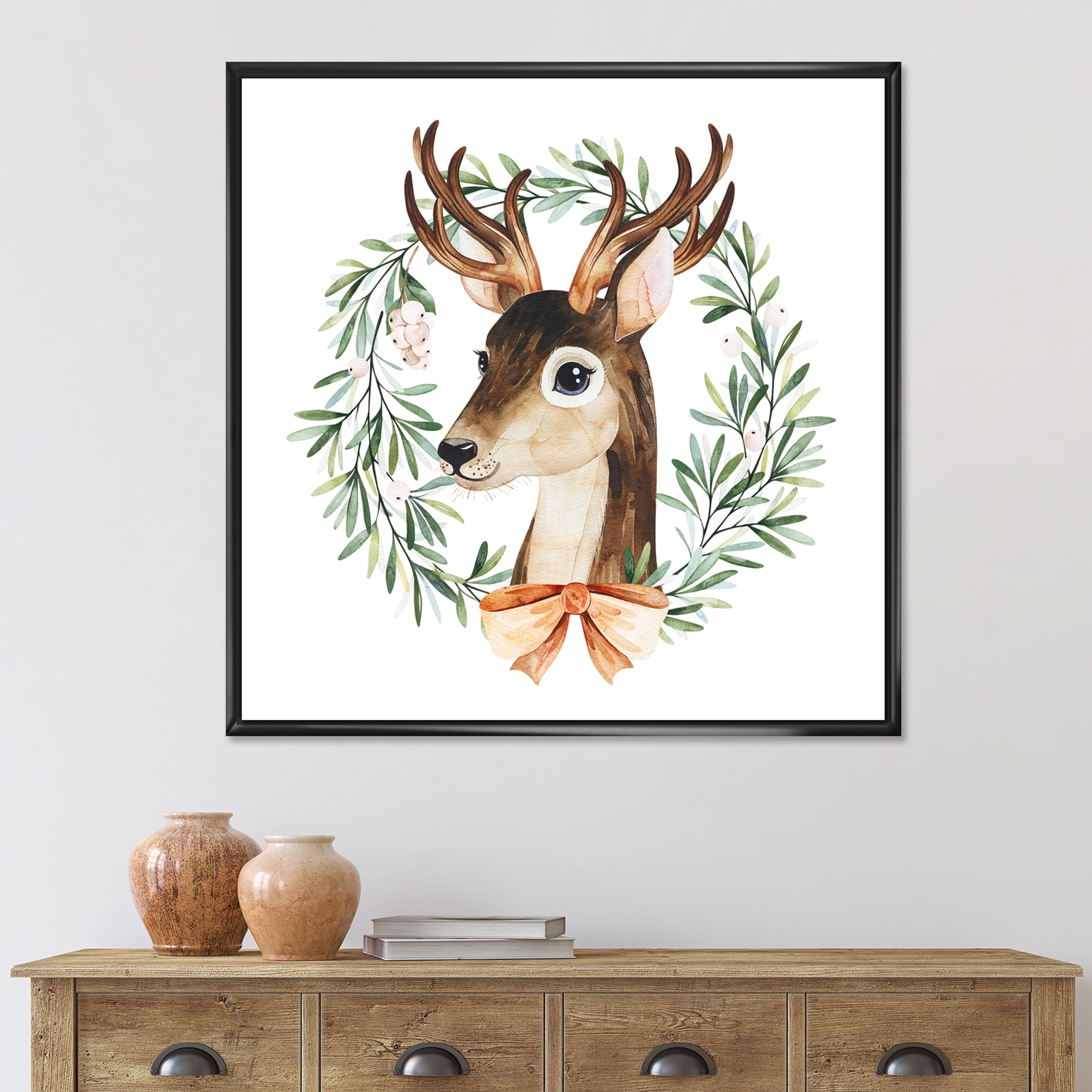 Designart 'Floral Wreath Isolated On White Over Deer' Farmhouse Framed Canvas Wall Art Print