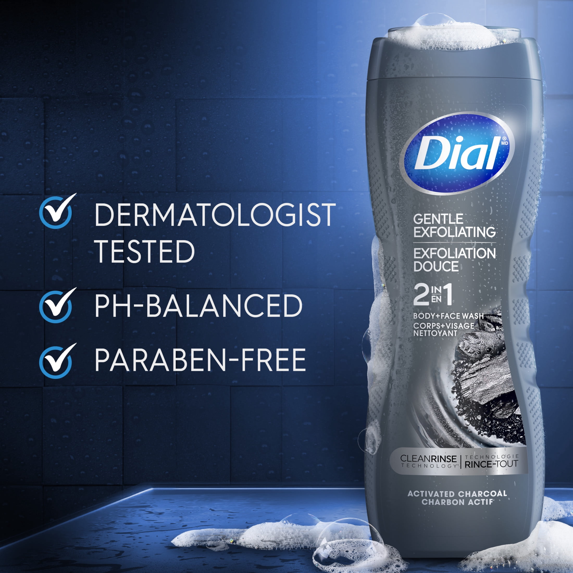 (2 pack) Dial Gentle Exfoliating 2-In-1 Men's Face & Body Wash with Activated Charcoal, 16 fl oz