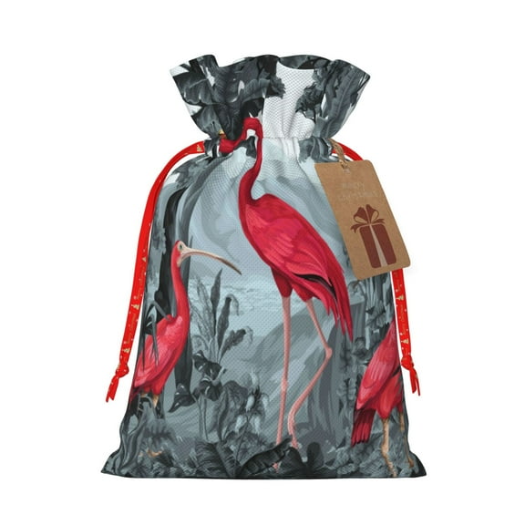 Naloa Flamingo On The Jungle Drawstring Christmas Bags, 3D Xmas Gift Bags, Christmas Wrapping Bags, Xmas Goodie Bags, Treat Pouch Bags, Party Favor Bags-Small
