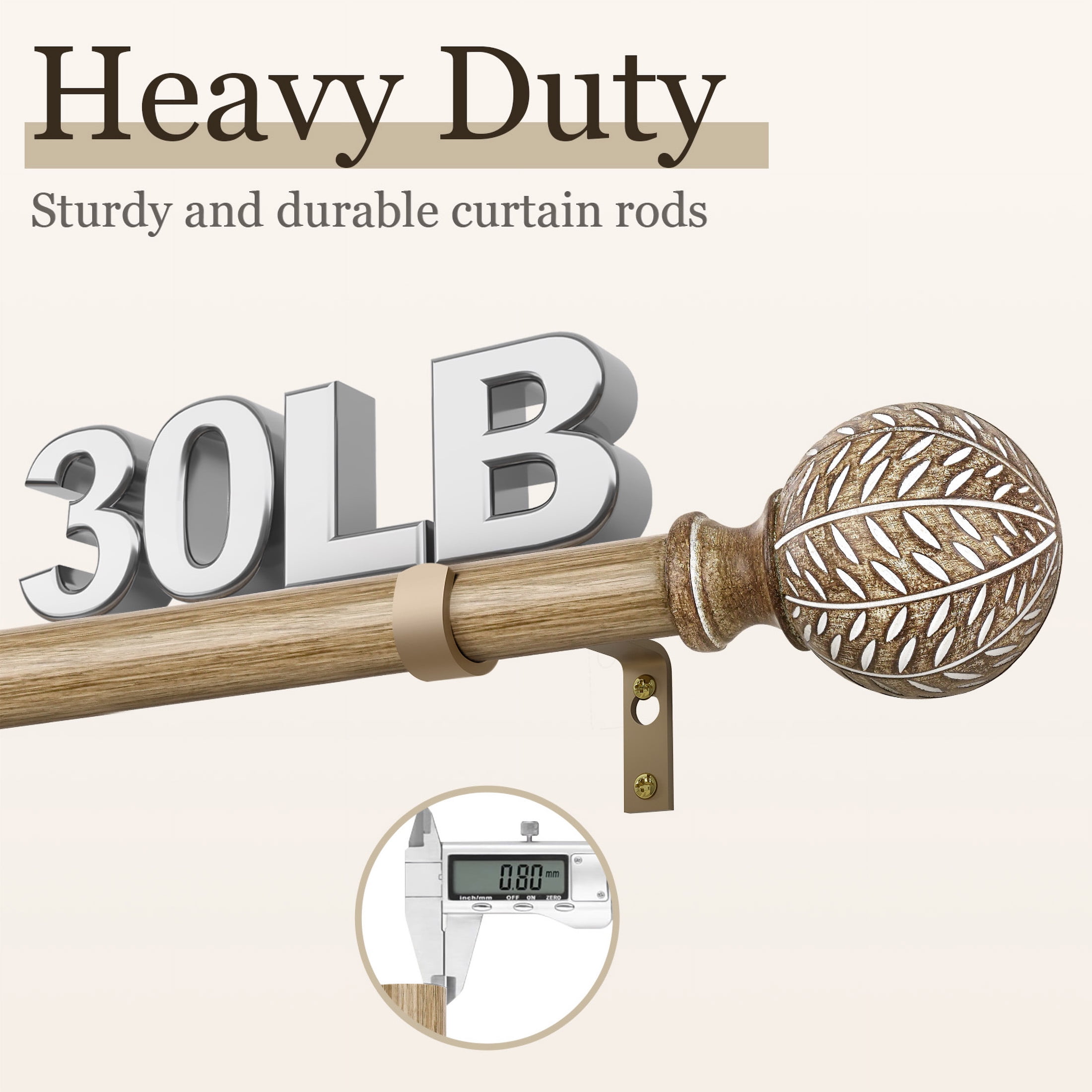 Yokila Farmhouse Brown Curtain Rods for Windows 36 to 88 Inches Adjustable Length Heavy Duty 1" Diameter Single Window Curtain Rod with Decorative Finials for Outdoor Bedroom Kitchen Living Room