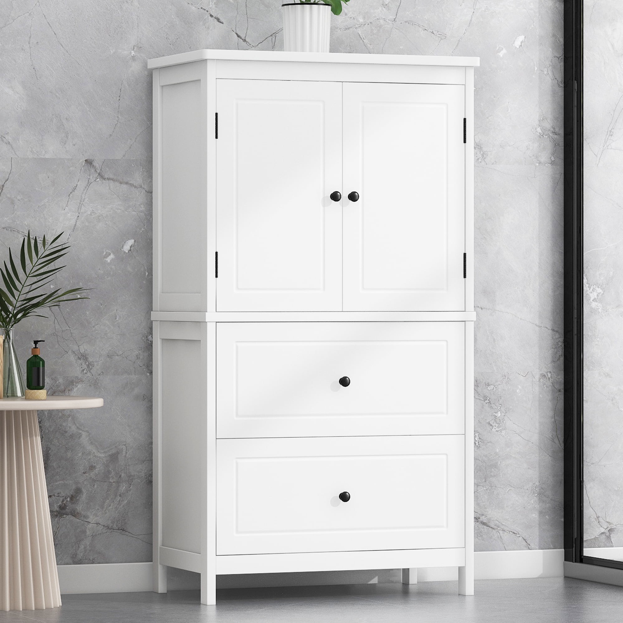 Aukfa 43.3" Tall Wood Storage Cabinet with Two Doors and Adjustable Shelves for Bathroom Kitchen, White