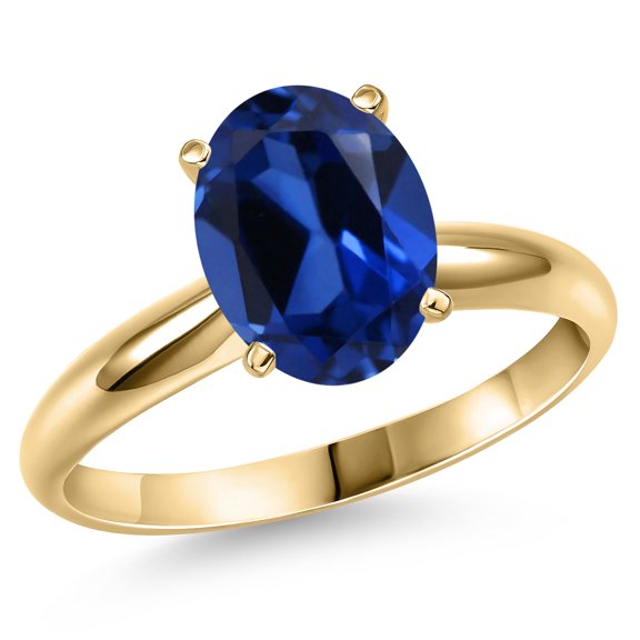 Gem Stone King 14K Yellow Gold Blue Created Sapphire Engagement Ring for Women | 5.00 Cttw | Oval 11X9MM | Gemstone September Birthstone | Size 7
