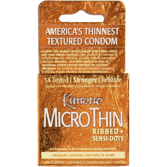 Kimono MicroThin Ribbed with Sensi-Dots - Textured Lubricated Condoms, Snug Form-Fit, Natural Latex Condoms, Vegan-Friendly, No Latex Odor - Enhanced Sensitivity - Pack of 3