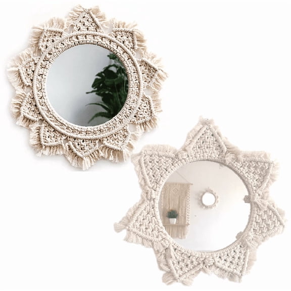 Boho Wall Mirror Decor Round Macrame Hanging Wall Art Decoration for Bedroom Nursery Living Room Apartment Office Entryways Home, Teen Girl Mothers Gift,