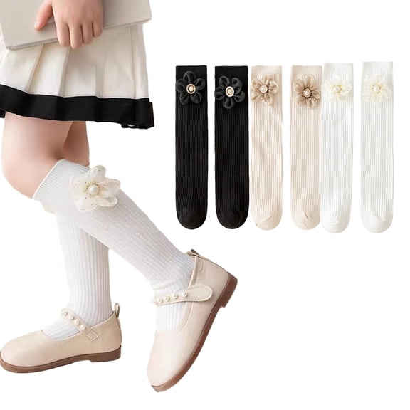 Esaierr 3 Pairs Kids Girls Autumn Socks Knee High Socks for Toddler Flower Cotton Socks for 3-12Y