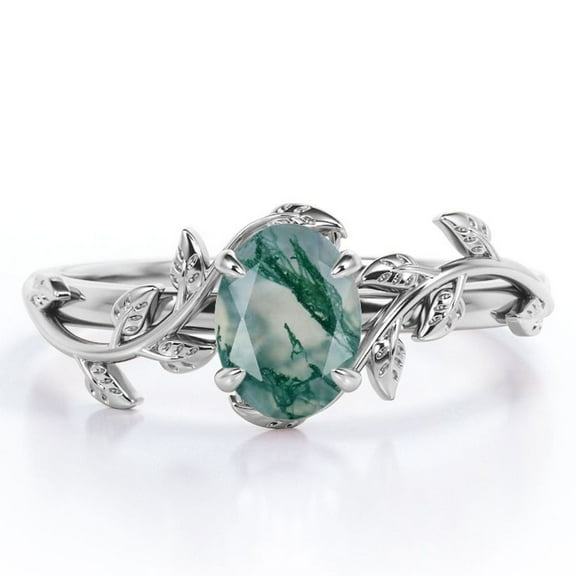 JeenMata Inspired by Nature - 1.3 Carat Oval Shape Milky White Moss Green Agate - Four Prong Setting Engagement Ring - 18K White Gold Plating over Silver
