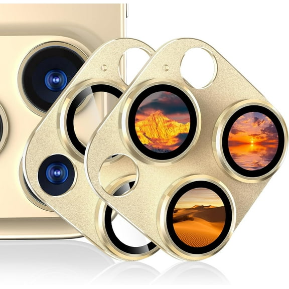 2 Pack Camera Lens Protector for iPhone 15 Pro - iPhone 15 Pro Max, Alloy Metal 9H Tempered Glass Camera Screen Cover, Anti-Scratch Full Coverage Protection, Case Friendly, Gold