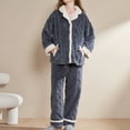 thumbnail image 3 of Defitshape Women's Fuzzy Flannel Fleece Pajama Set Loose Fit Lounge Set V Neck Soft Loungewear Set Blue Medium, 3 of 5