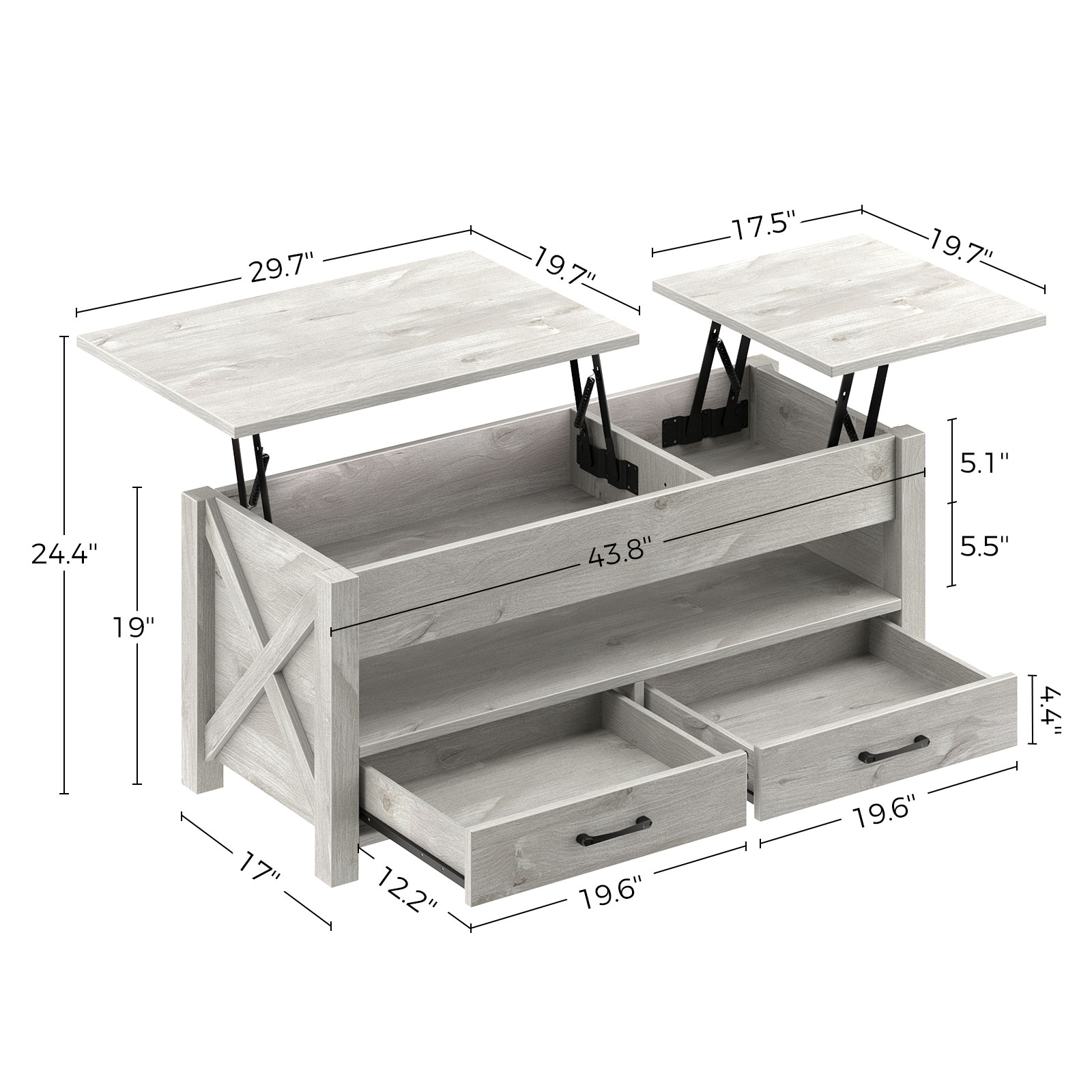 Greenstell Lift Top Coffee Table 47.2"with Drawers and Hidden Compartment,Gray
