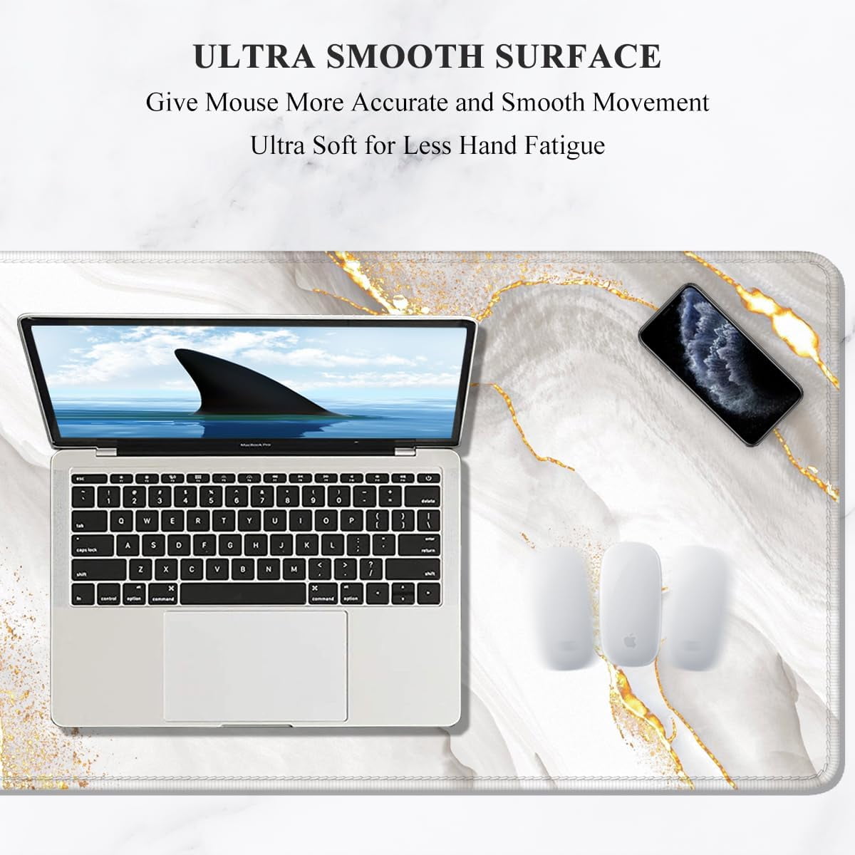 Large Mouse Pad, XXL Gaming Mousepad, Desk Mat for Desktop, Thick Rubber, Big & Long Size, Stitched Edges, Full Desk Pad for Laptop & Computer, Extended 31.5 x 11.8 in, Gold Gray Marble