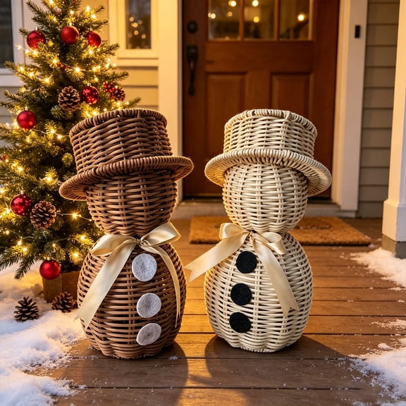 MYUNNIL Christmas Wicker Snowman Ornament, Handwoven Rustic Hollow Snowman Decoration with Detachable Hat & Bow, 11" Multi-Purpose Seasonal Decor for Candle Holder Home Display, Brown