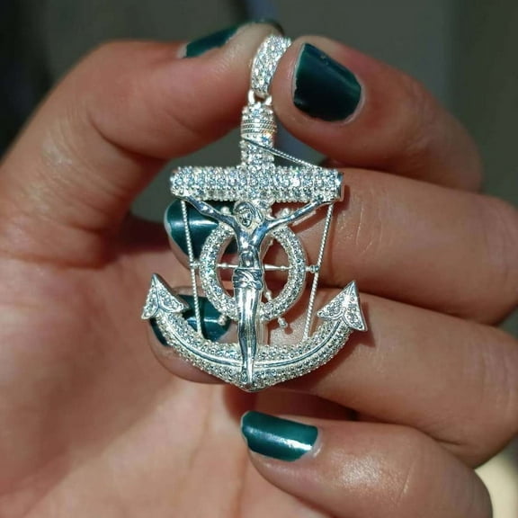 0.92 Ctw Round Cut Brilliant Moissanite 14K White Gold Plated Anchor Men's Pendant 1.7"