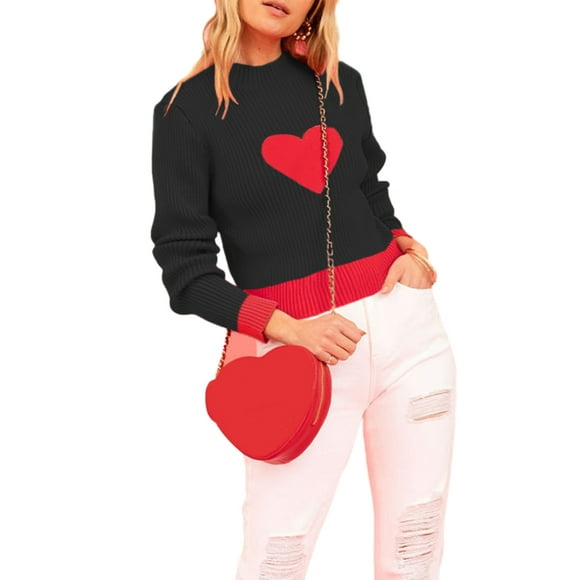 FOCUSNORM Women's Spring Autumn Knit Sweater Turtleneck Long Sleeve Heart Print Contrast Color Knitwear