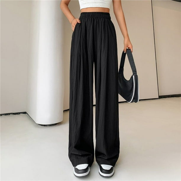 Pantalones de pierna ancha de seda helada para mujer, pantalones largos drapeados frescos con protección solar, negros, de longitud completa, cintura elástica para oficina, Verano