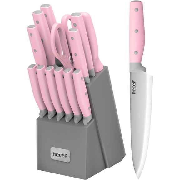 14-Piece Kitchen Knife Set with Wooden Block Sharpener Steel and All-Purpose Scissors High Carbon Stainless Steel Cutlery Pink