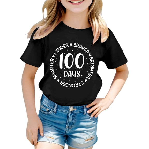 Girls School Uniform Short Sleeve Letter Print Crew Neck Breathable T-Shirt Back-To-School Girls' T Shirts 2-3 Years
