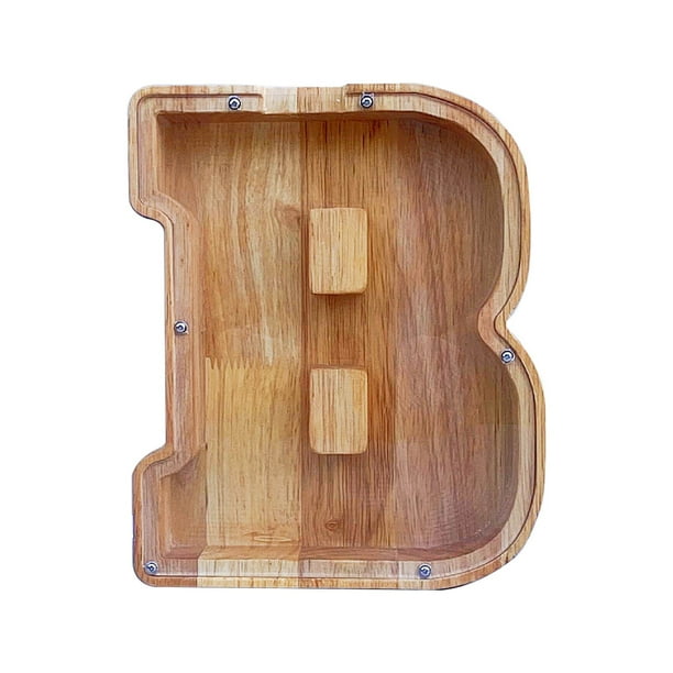 Lata de ahorro de madera con letras en inglés y cristal transparente.