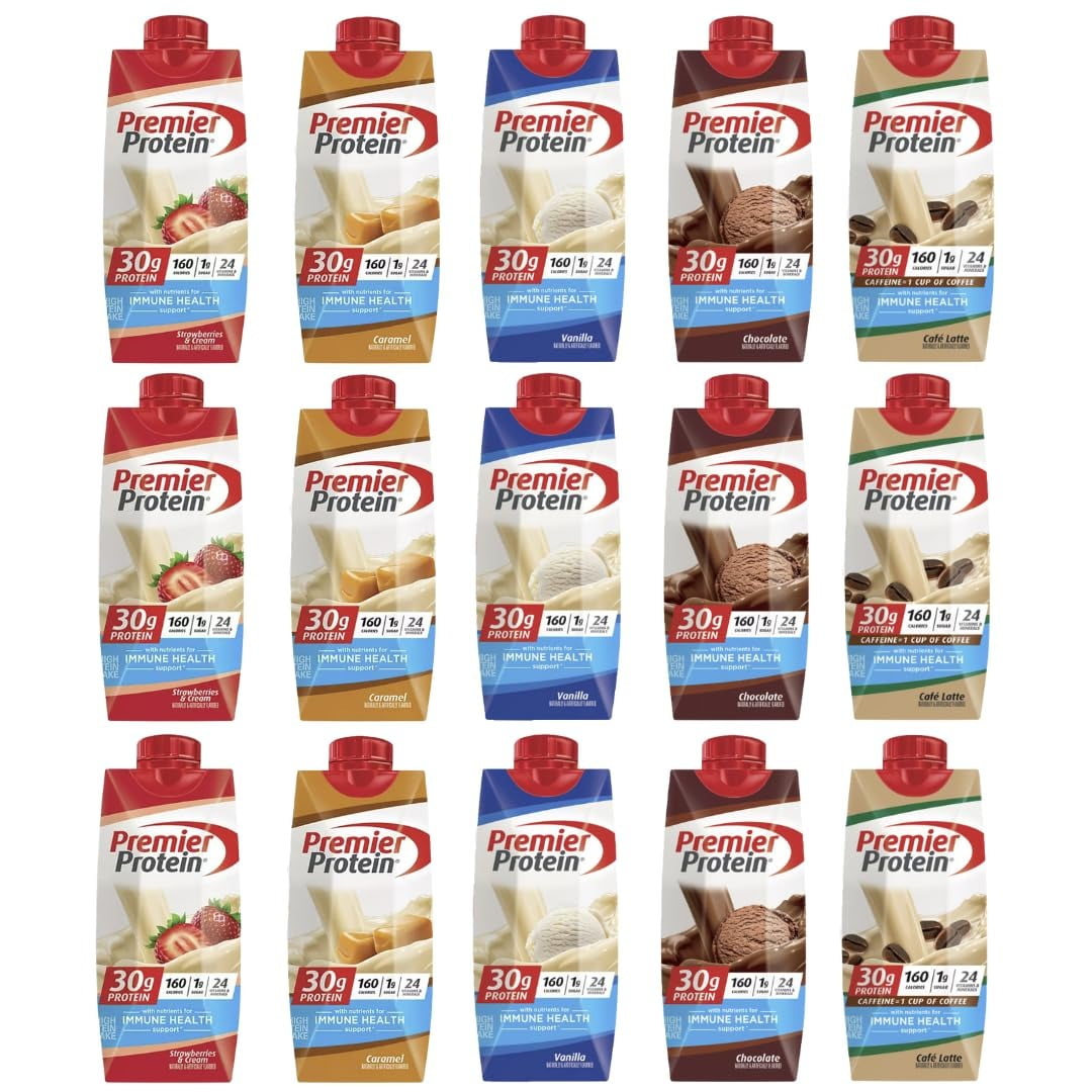 Premier Protein Shakes, High Protein Shake Assorted Sampler Variety Pack - 11 Fl Oz (5 Flavor - Pack of 15)