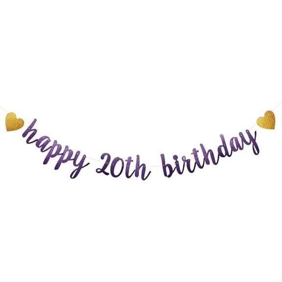 Happy 20th Birthday Banner, Pre-Strung,Purple Glitter Paper Garlands Banner for 20th Birthday Party Decorations Supplies, Letters Purple,