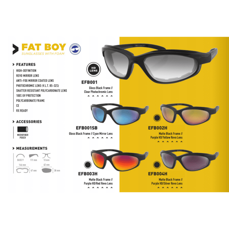 Bobster Unisex Adult Fat Boy Black Frame Sunglasses w Smoked Blue Mirror Lenses EFB001SB