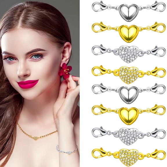 DESIGNICE 8 PCS Magnetic Heart Rhinestone Clasps,Magnet Chain Closures Self-Aligning Jewelry Lobster Clasps Extender Women Girls DIY Craft Decorations for Jewelry Making Necklace Bracelet