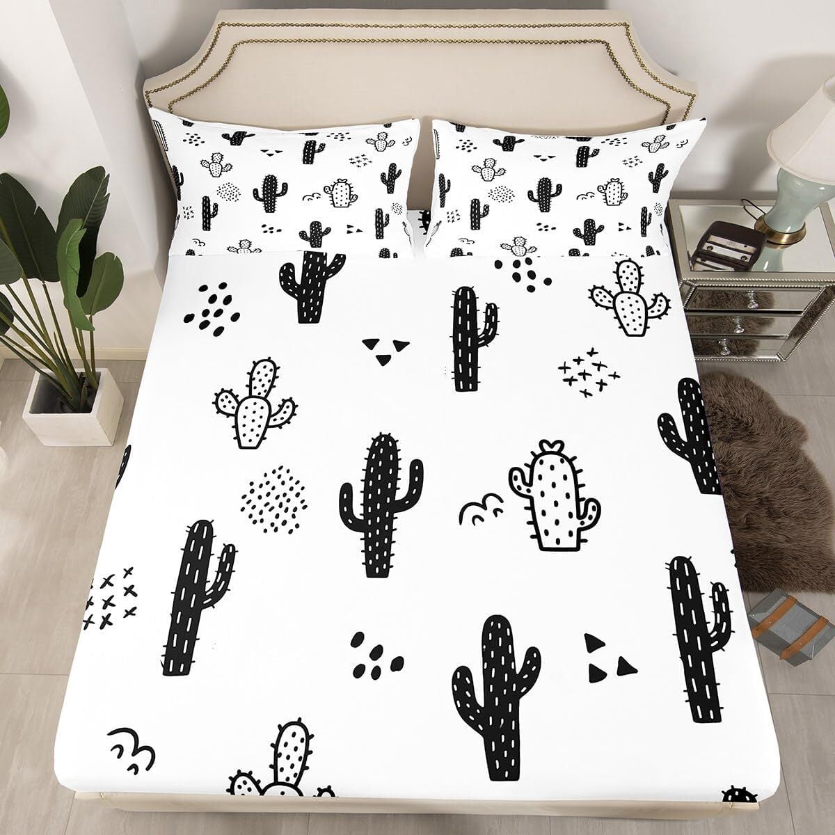 Cactus Bed Sheet Set Full Size,Cartoon Desert Plants Fitted Sheet 3pcs,Kids Boys Girls Bedroom Decor Black White Bedding Set Abstract Geometric Dot Hand Draw Bed Cover with 2 Pillowcases