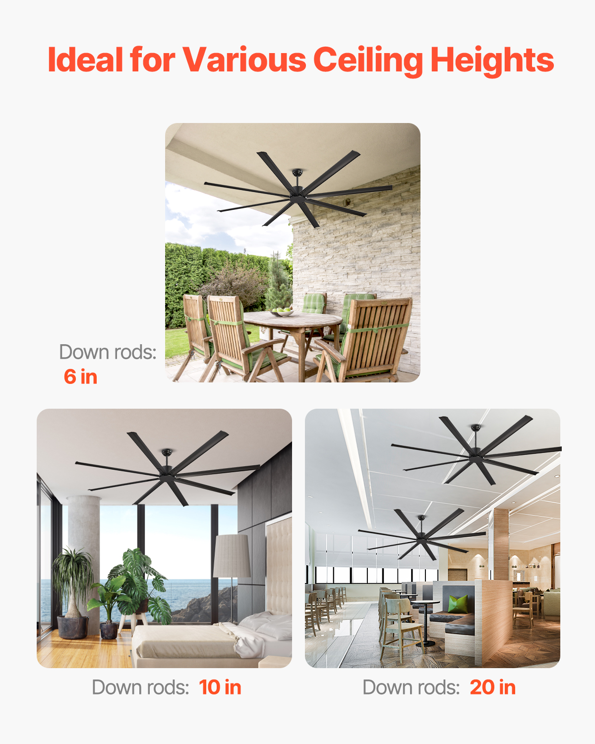 VEVOR 96 In Ceiling Fan without Light,6-Speed Remote Control, Aluminum 8-Blade, Reversible DC Motor, Modern Low Profile Flush Mount Exterior Fan for Bedroom, Living Room,Patio, Indoor/Outdoor, Black