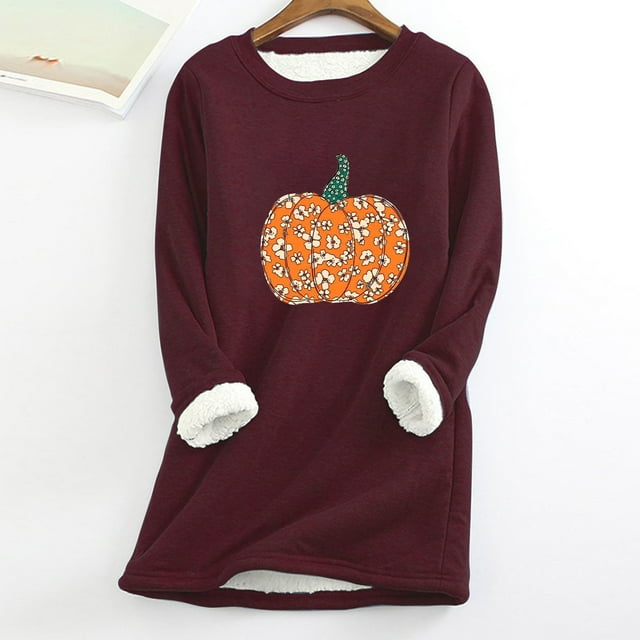 Hauts d'Automne pour Femmes Chandail en Molleton Épais en Polaire Manches Longues Imprimé Velours Chaud Col Rond sous-Vêtements Hauts Chandails en Molleton en Liquidation