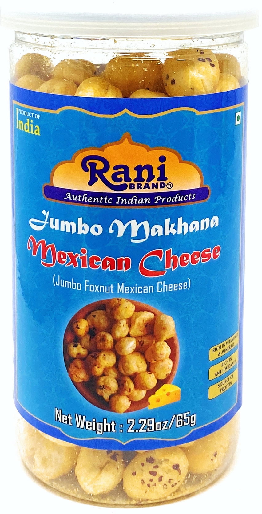 Rani Jumbo Phool Makhana (Fox Nut/Popped Lotus Seed) Mexican Cheese Flavor 2.29oz (65g) Vacuum Sealed, Easy Open Top, Resealable Container ~ Indian Tasty Treats | Vegan | NON-GMO | Indian Origin