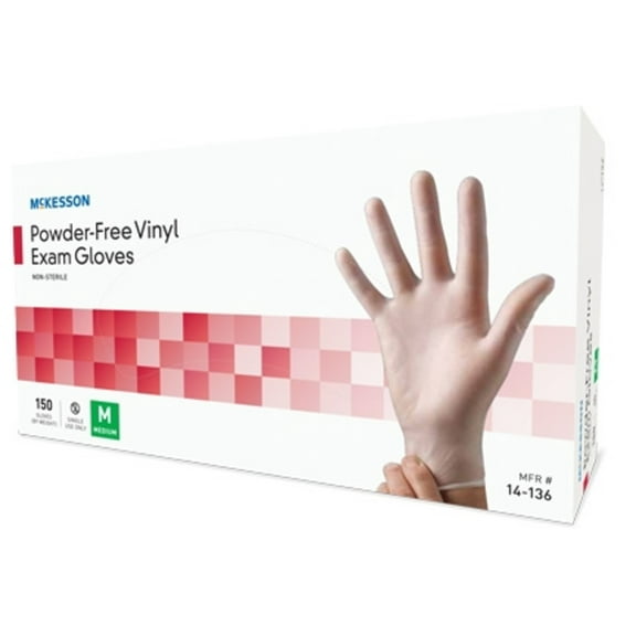 McKesson Exam Glove, NonSterile, Clear, Powder Free, Vinyl, Ambidextrous, Smooth, Not Chemo Approved, Large, Box of 150