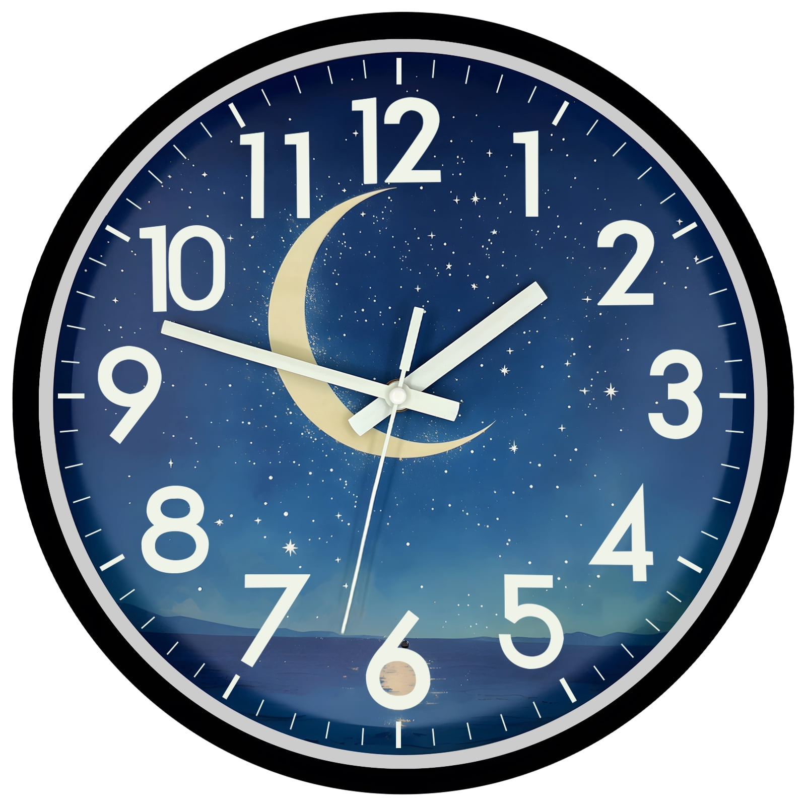 JoFomp Luminous Wall Clock, 12 inch LED Night Light Silent Clock, Glow in The Dark Moon and Starry Sky, Lighted Clock with Smart Sensor(White Light)