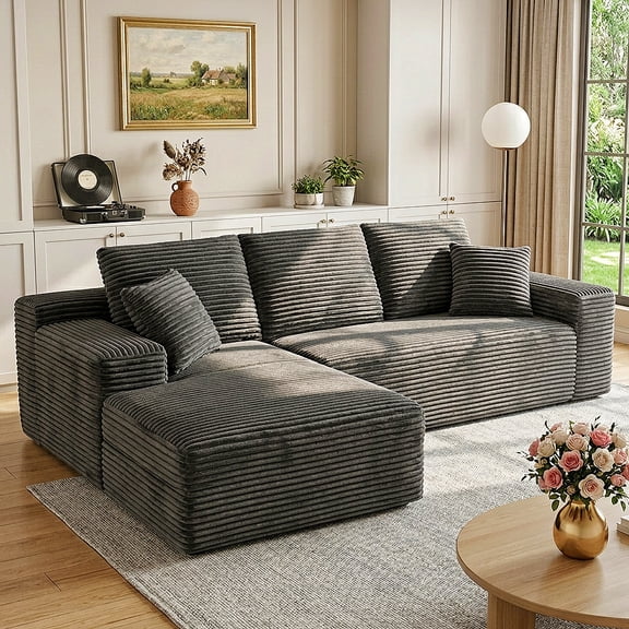 Cloud Couch, Lofka 105" Cloud Modular Sectional Sofa, Corduroy L-Shape Couch with Chaise, Deep Seat Boneless Floor Sofa for Living Room, Gray