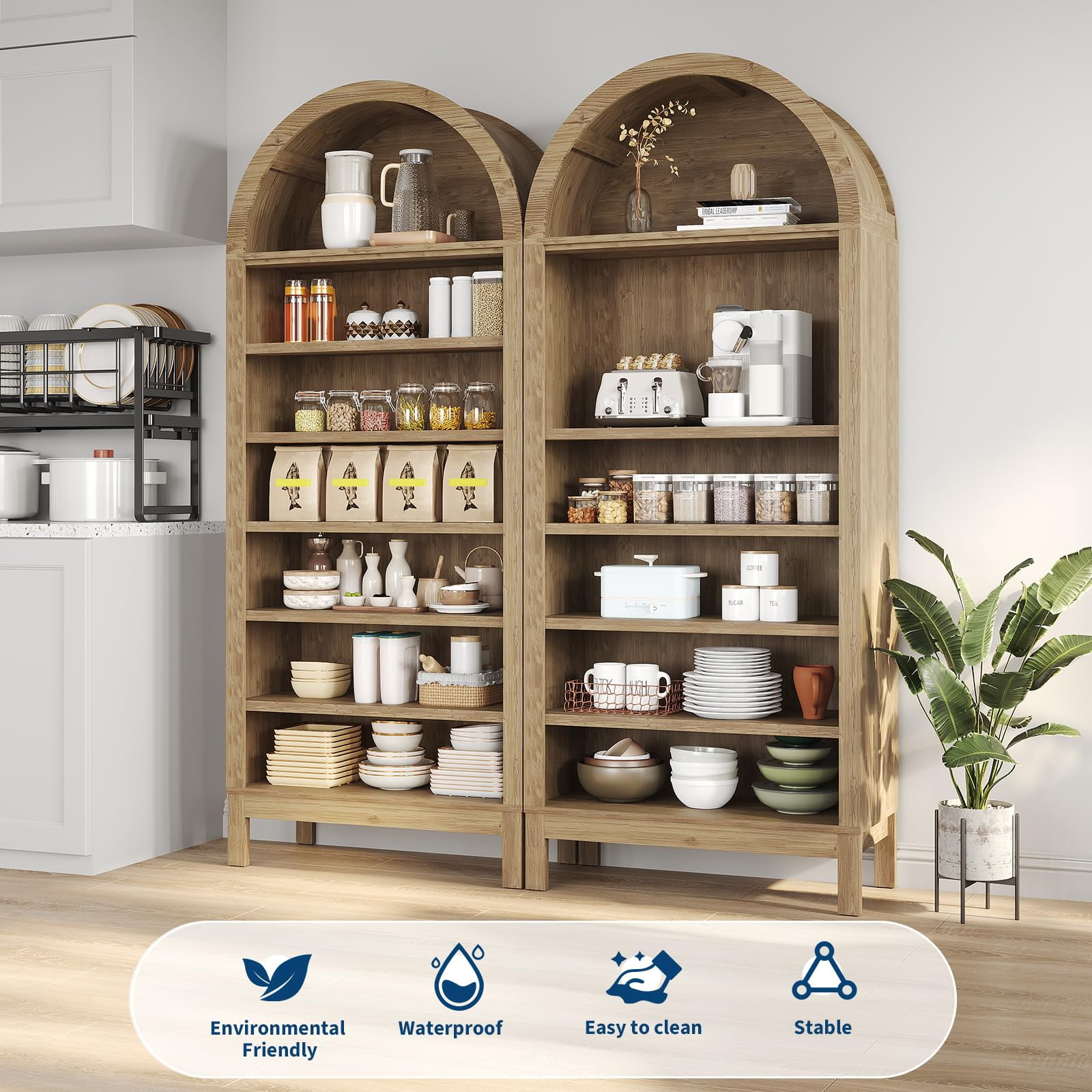 Litake 71in Tall Arched Shoe Cabinet, 7-Tier Wooden Shoe Rack with Adjustable Shelves, Freestanding Display Shelf Storage Organizer for Entryway Hallway Living Room, Natural